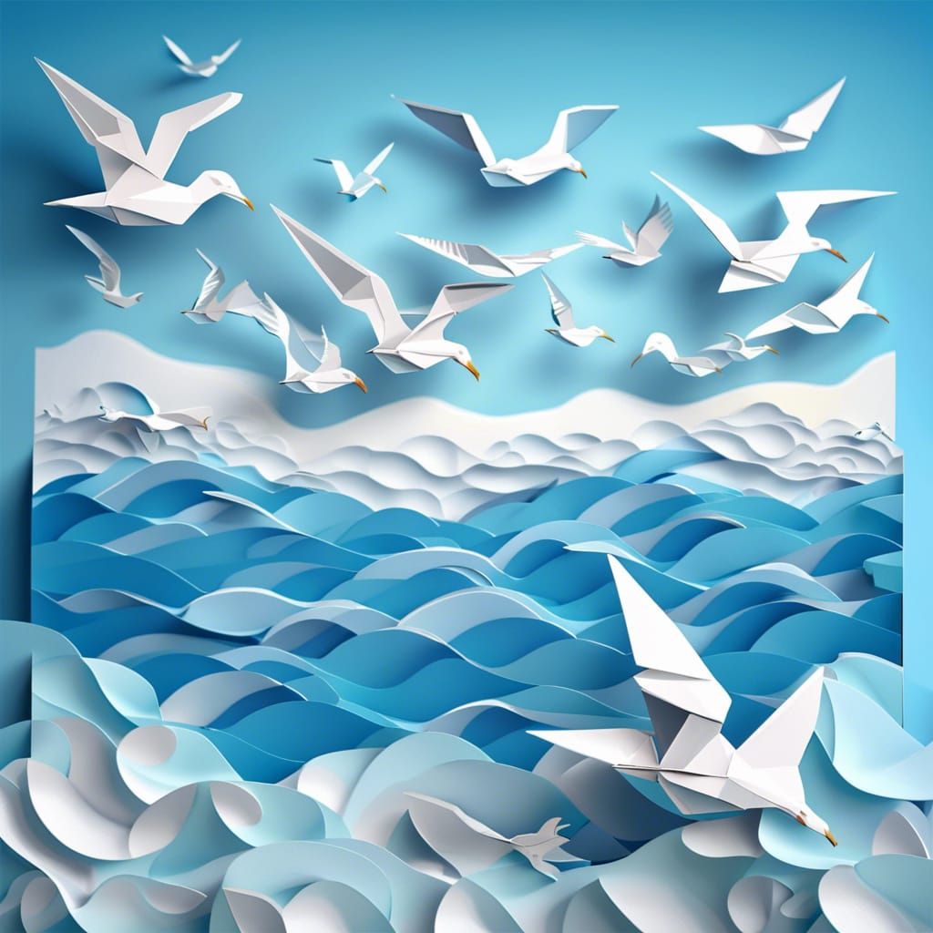 Origami Seagulls Soaring Over Gentle Ocean Waves