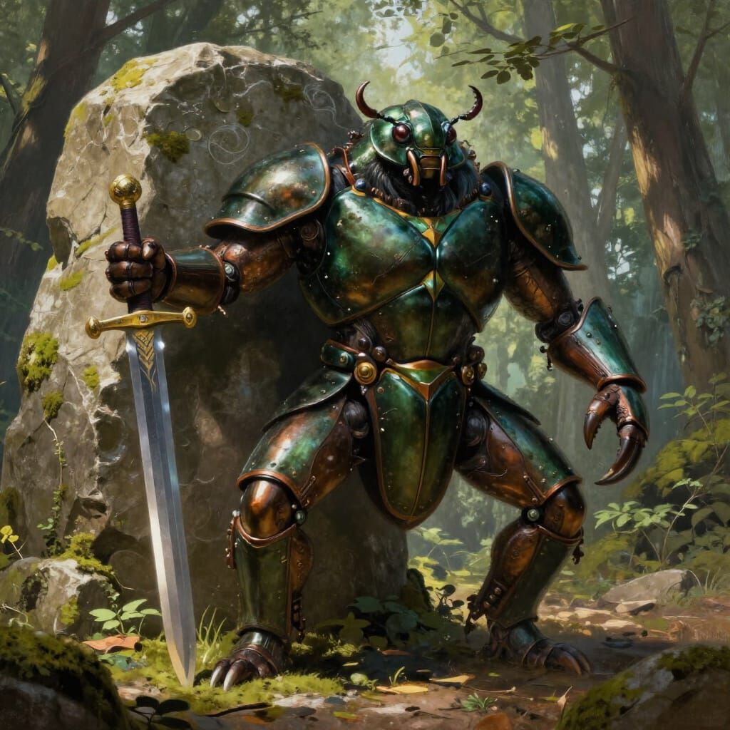 Beetle Warrior with Sword in Forest Clearing