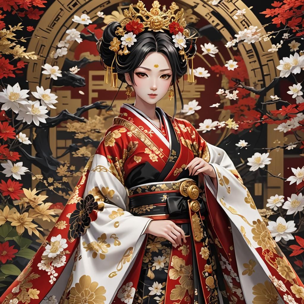 Festive Kimono Queen in 3D Anime Style