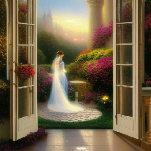 Forlorn Maiden in Ornamental Window: Oil Painting