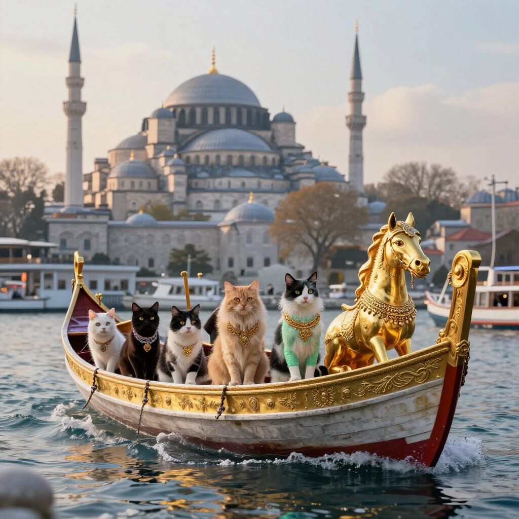 Mystical Istanbul Cat Bazaar Scene with Gold Accents