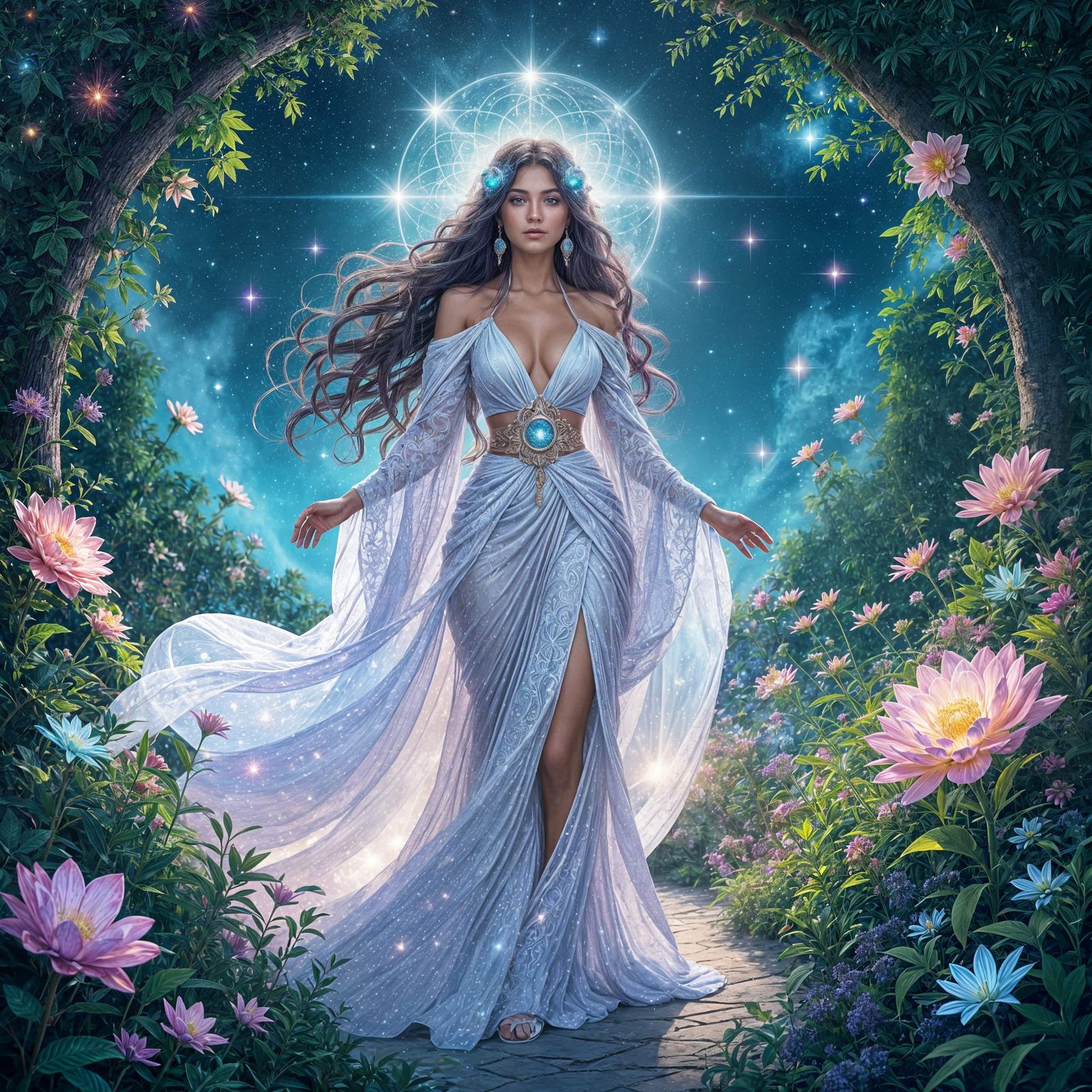 Celestial Goddess in Cosmic Garden, Holographic Illustration