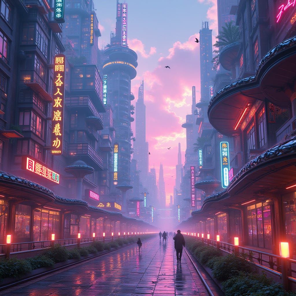 Futuristic Metropolis in Cyberpunk Art Nouveau Style