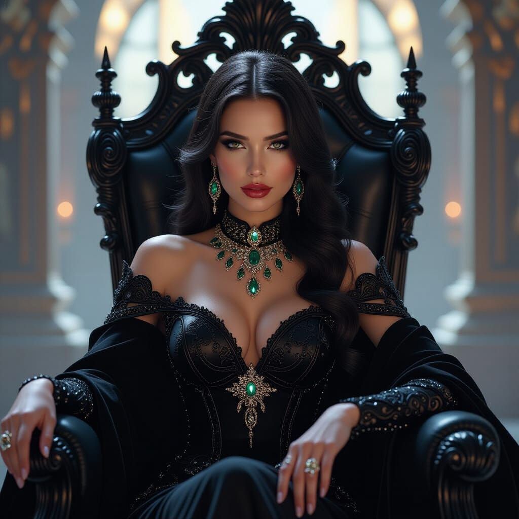 Arcane Woman on Obsidian Throne in Art Nouveau Cyberpunk Sty...