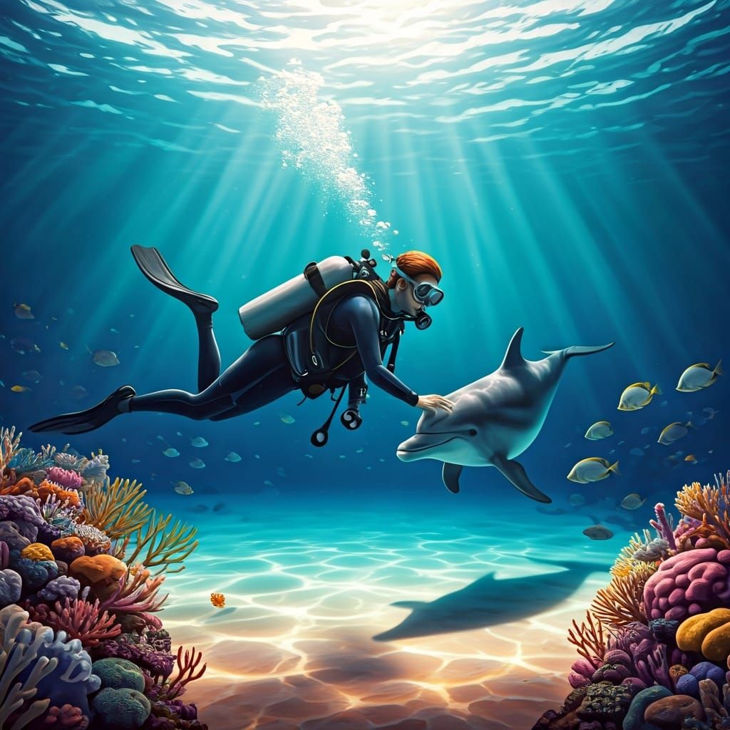 Scuba Diver and Dolphin Encounter in Turquoise Sea