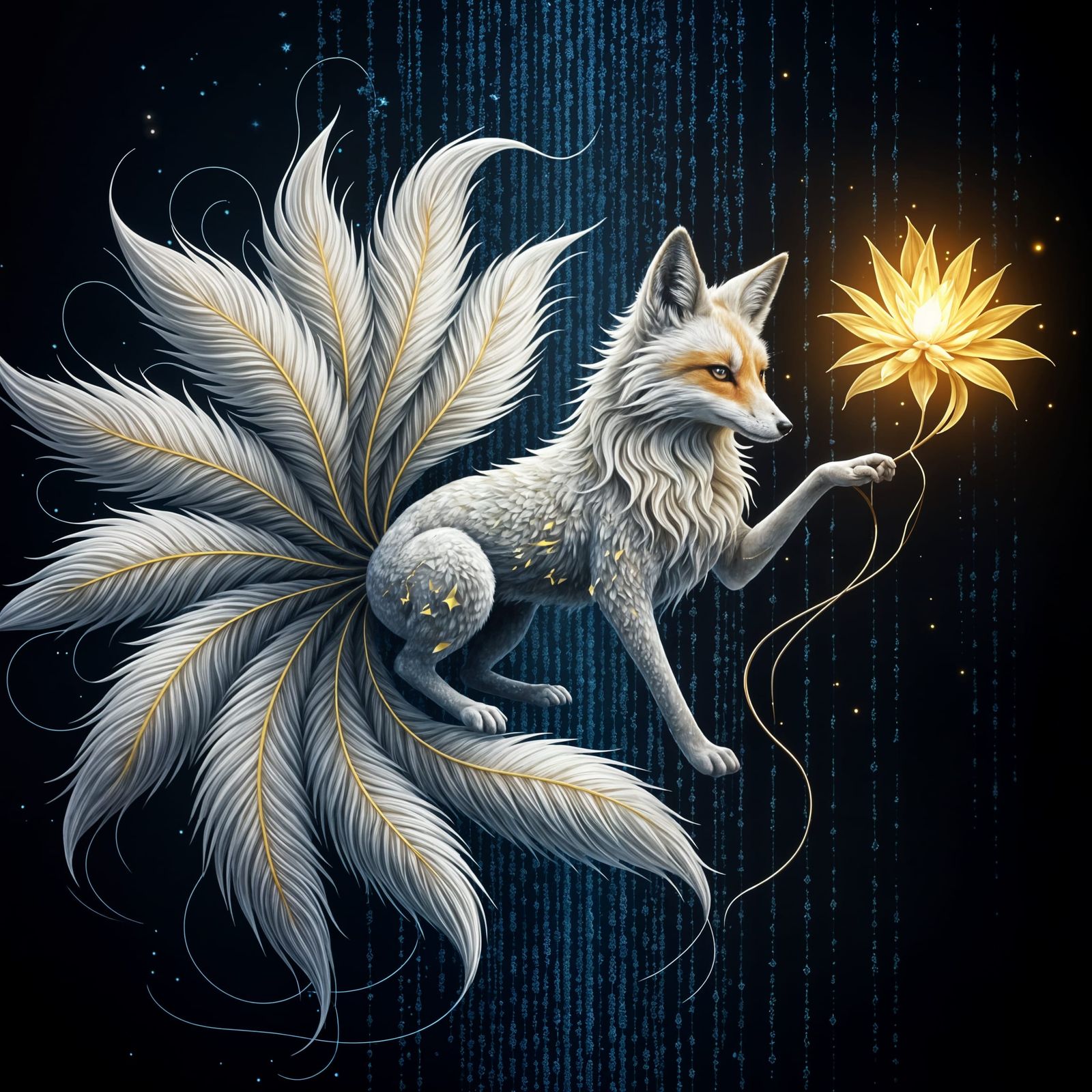 Elegant Kitsune Silhouette Formed From Binary Code