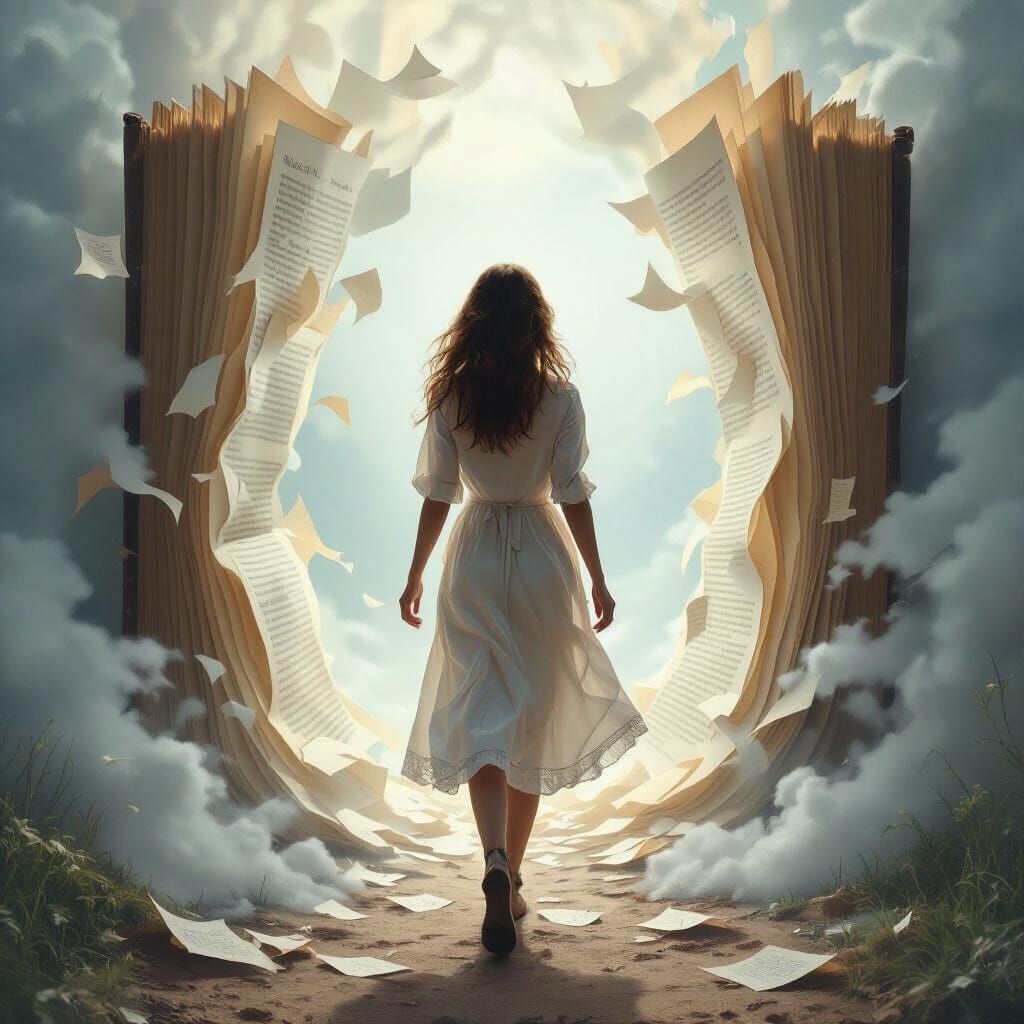 Ethereal Woman Enters Book Page Portal