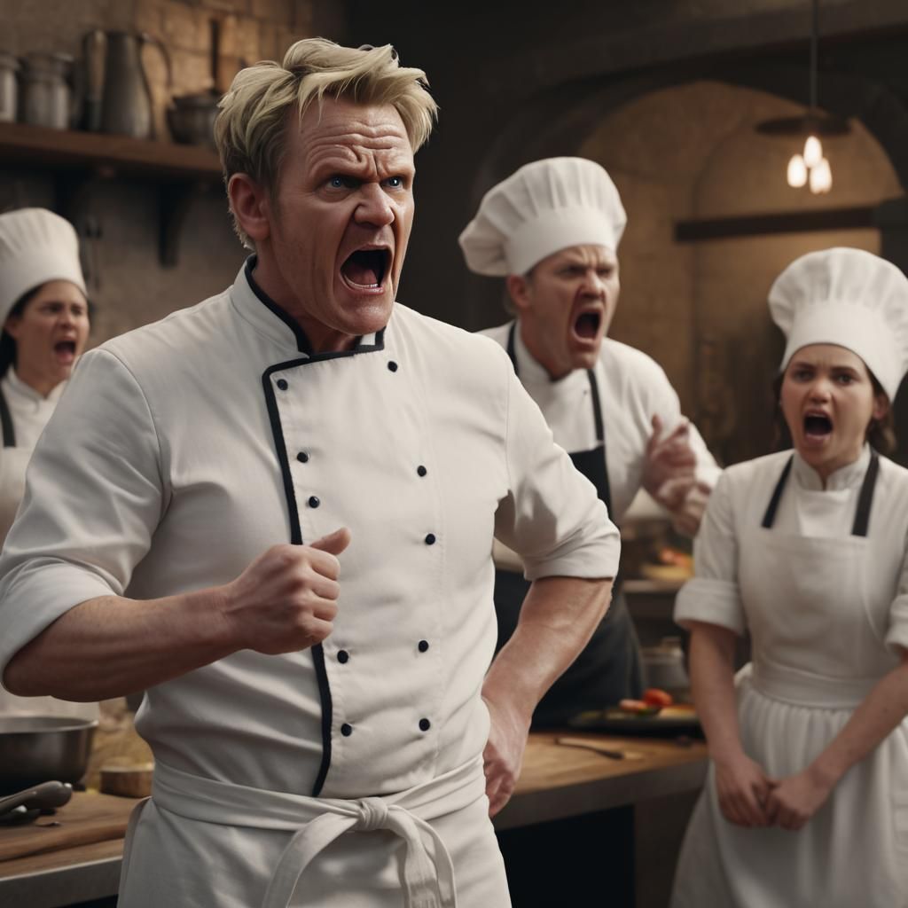Angry Medieval Chef Yelling in Kitchen, CGI Realism