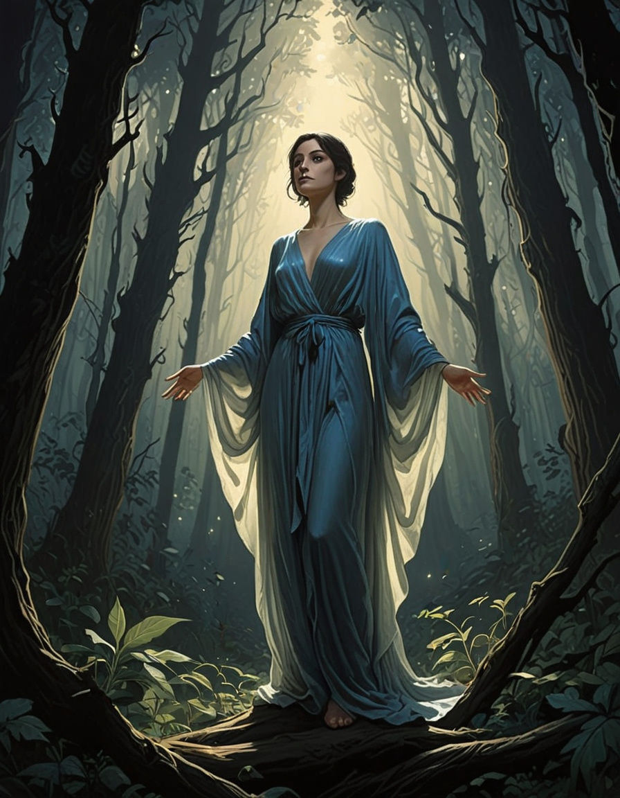Ethereal Woman in Midnight Blue Robes Illuminated by Moonlig...