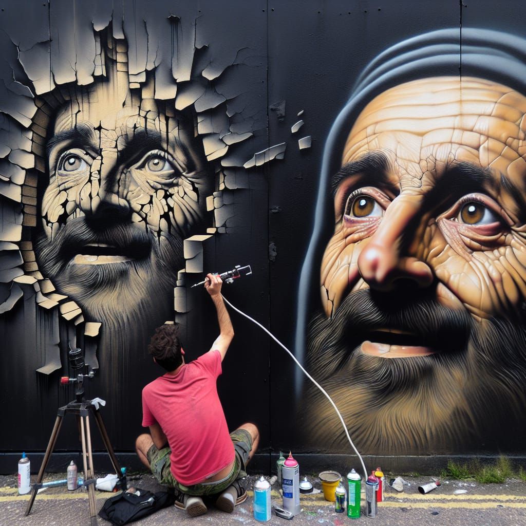 Trompe-l'œil Mural of Bearded Man by Street Artist