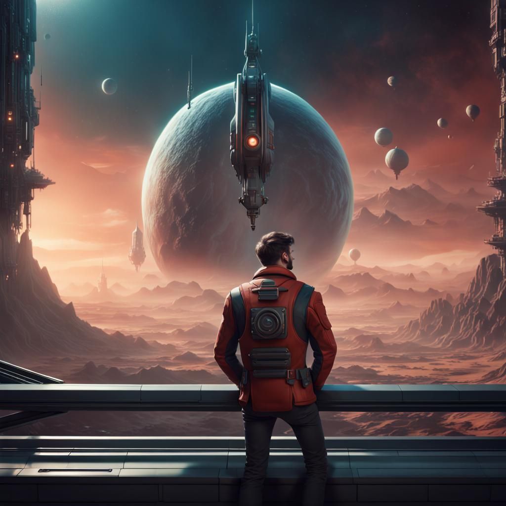 A man waiting impatiently for his spaceship to arrive