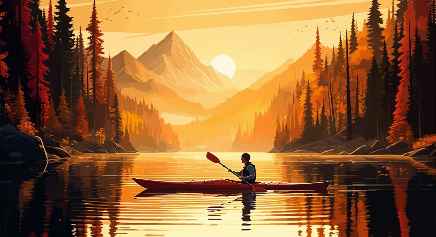 Kayaker at Golden Hour on Mountain Lake