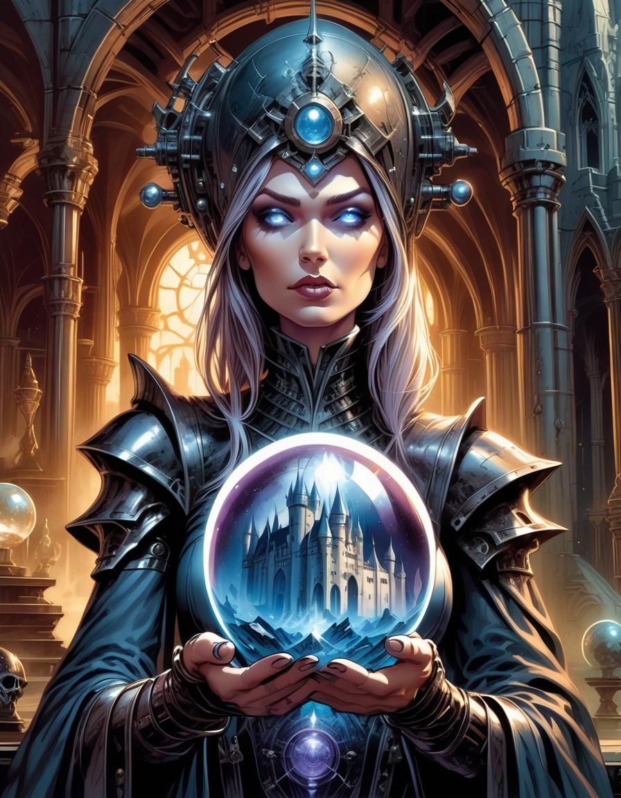 Cyborg Sorceress with Crystal Ball Displaying Castle