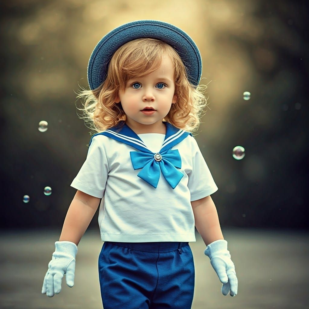 Whimsical Boy Amidst Bubbles in Sailor Suit