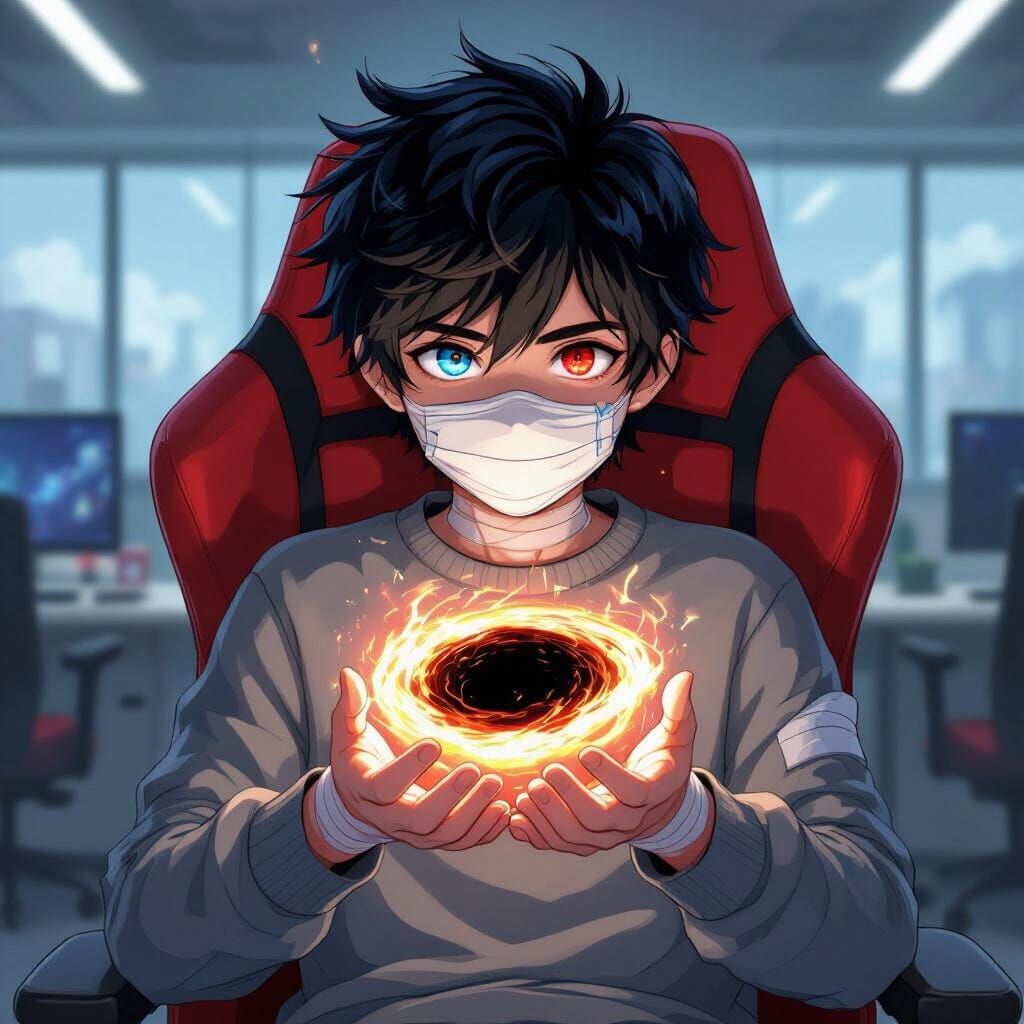 Boy with Heterochromia and Bandages Holds Black Hole