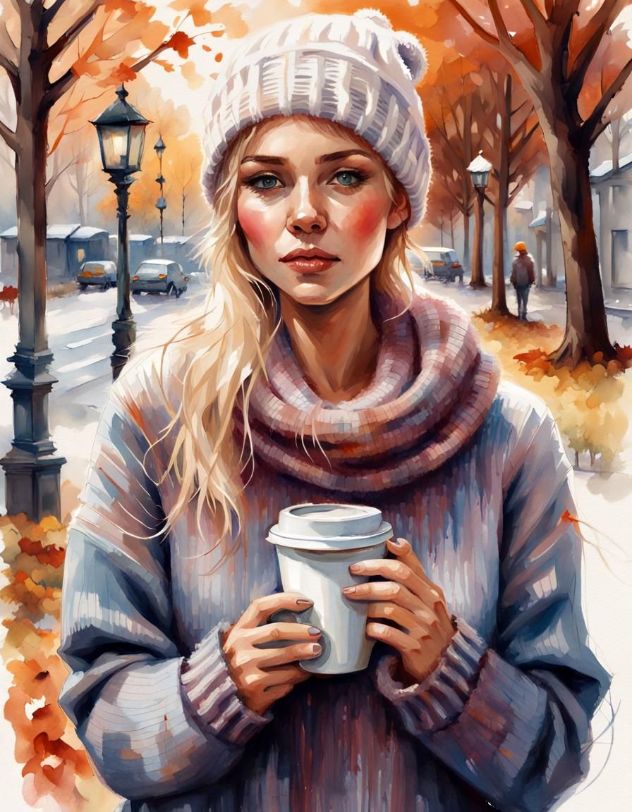 Blond Woman with Coffee, Watercolour Autumn Scene