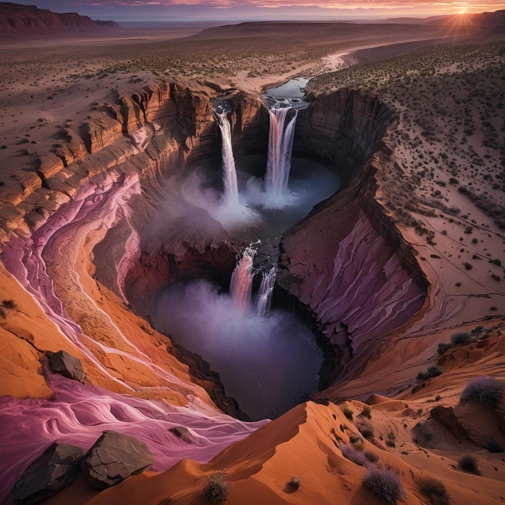 Dramatic Desert Waterfall at Sunset Landscape