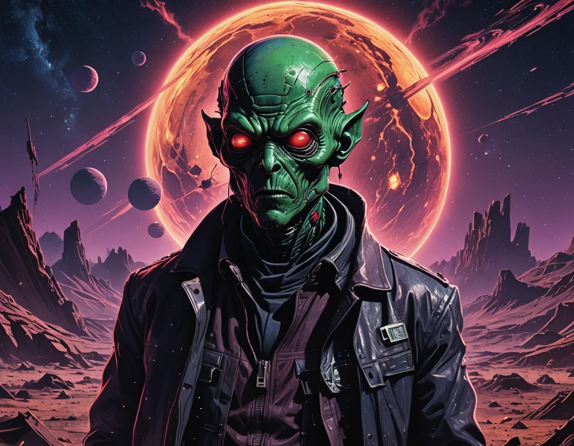 Sinister Alien Fugitive Wanted Poster in Film Noir Style