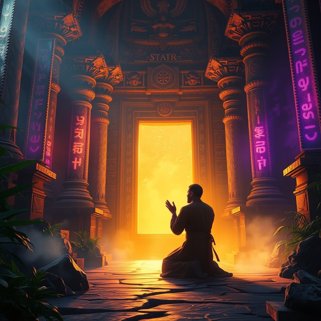 Mystical Temple Scene in a Dreamy, Golden Light