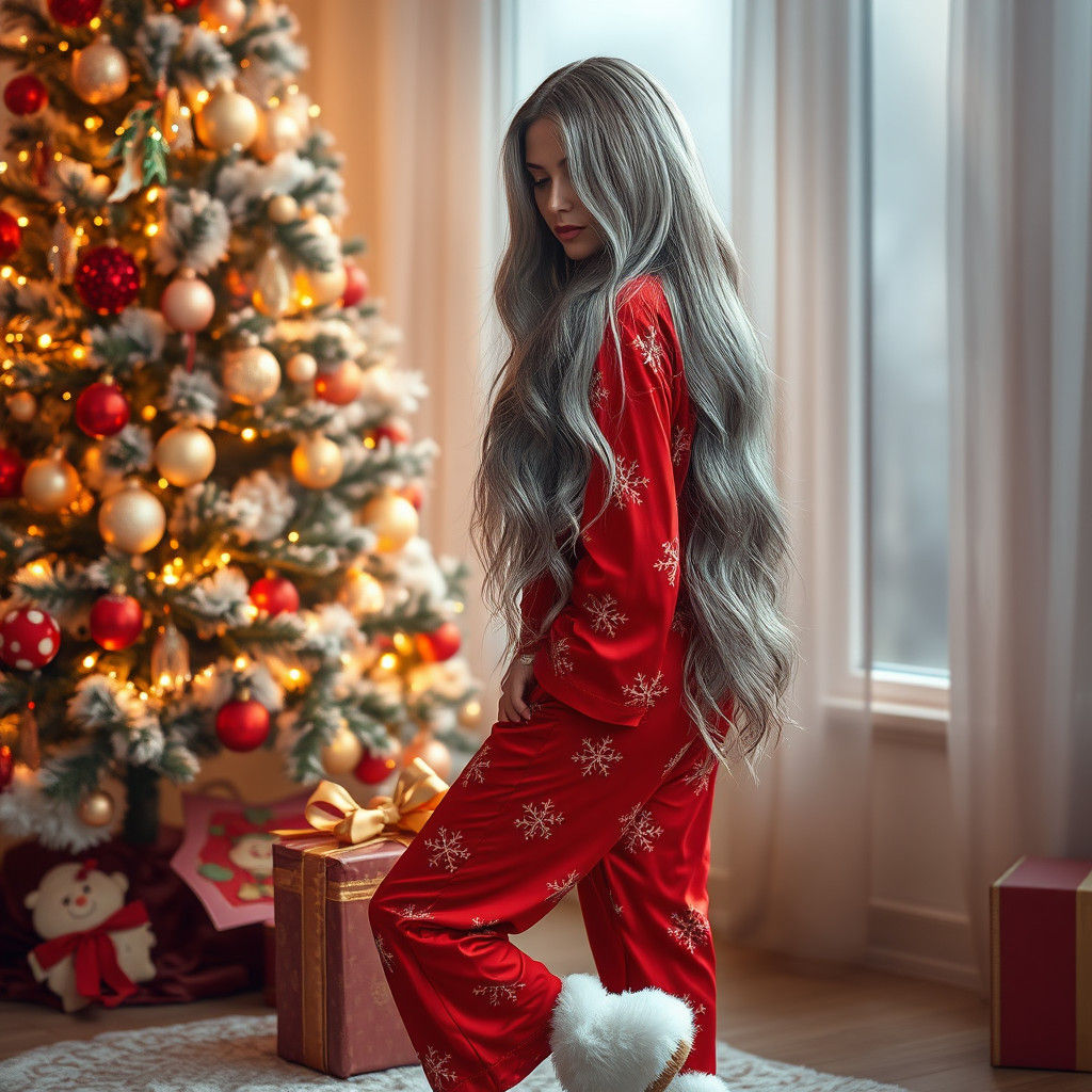 Elegant Woman Beside Christmas Tree in Dreamy Setting
