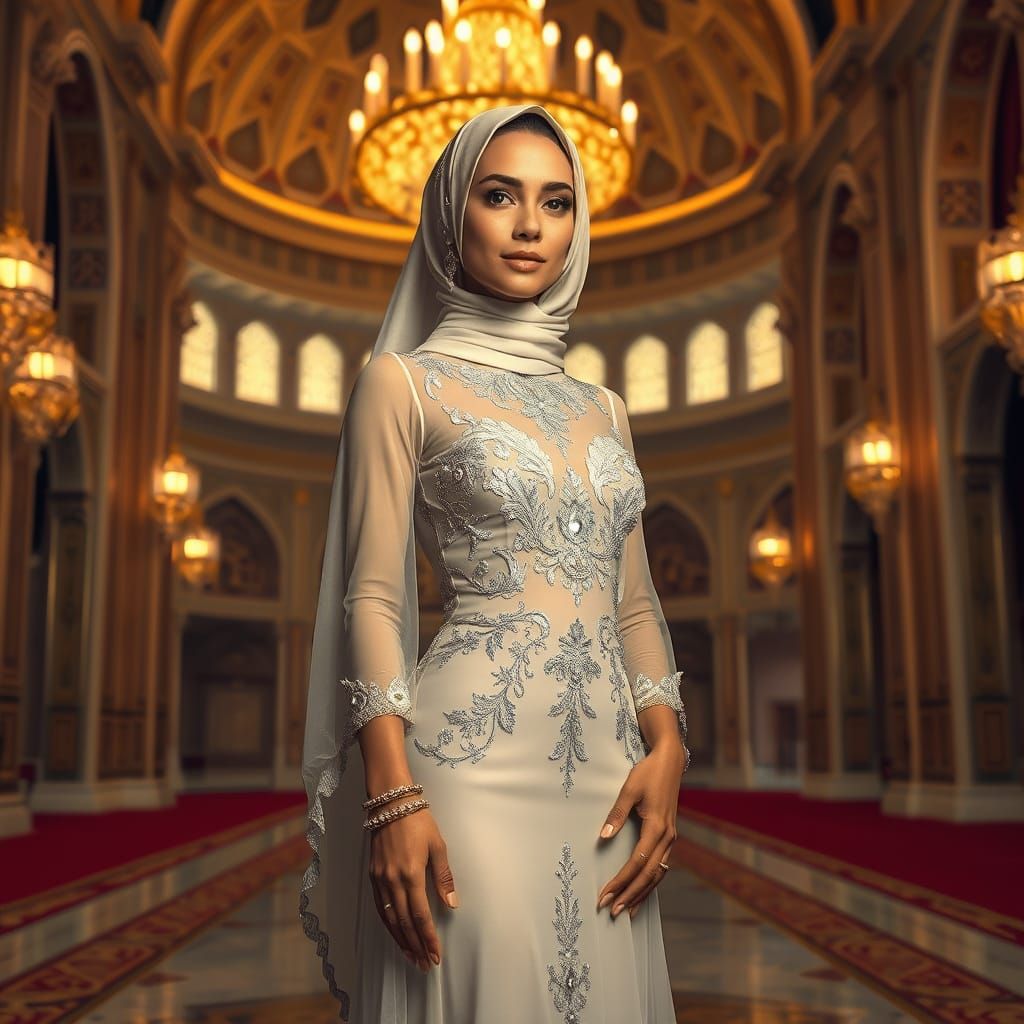 Elegant Middle Eastern Princess in Golden Palace Hall