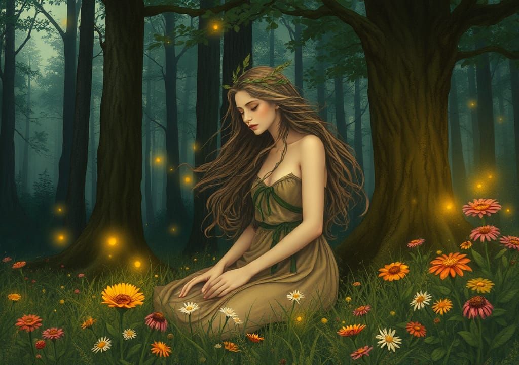 Enchanting Nymph in Forest Glade, Illustration Style