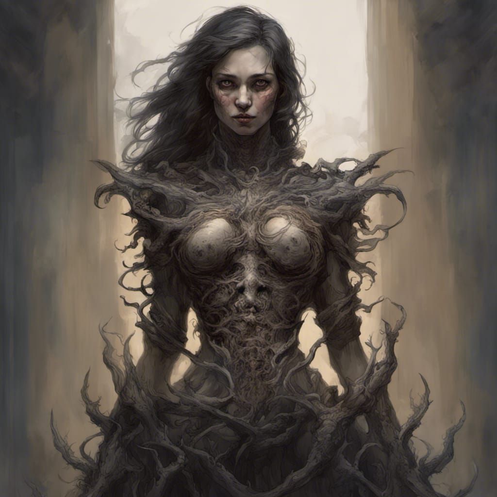 Four-Armed Woman: Dark Horror Illustration