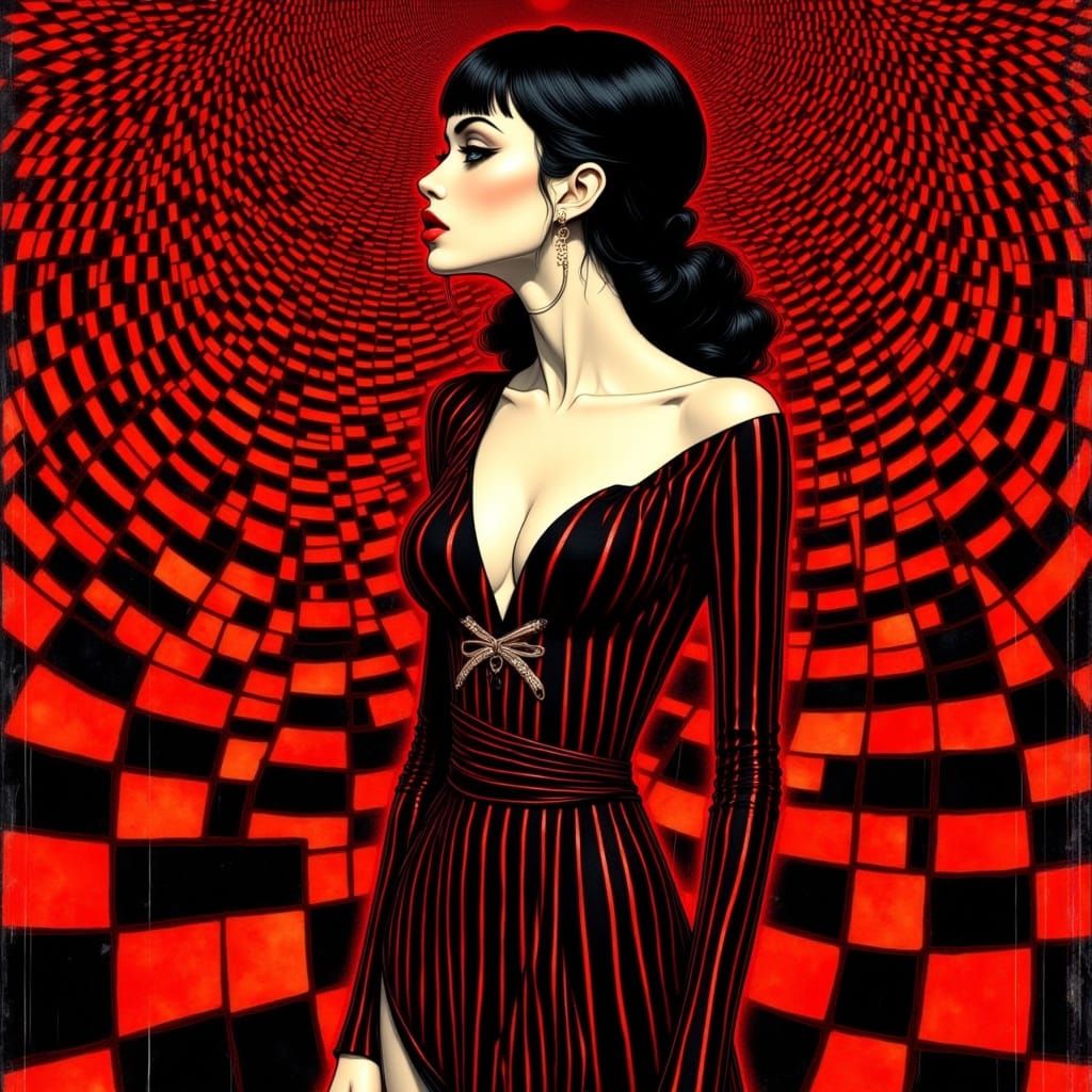 Elegant Woman in Art Nouveau Style Checkerboard Dress