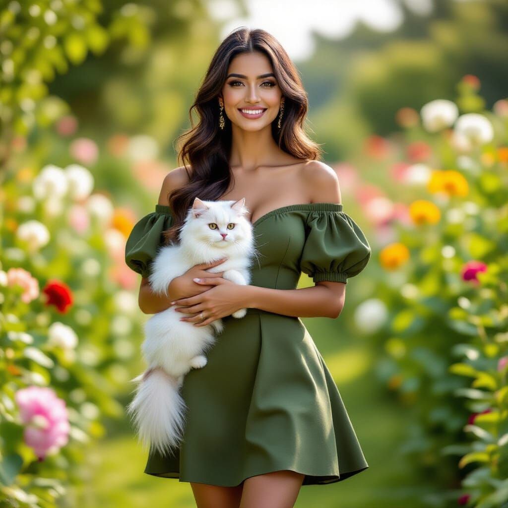 Indian Woman with Cat in Flower Garden