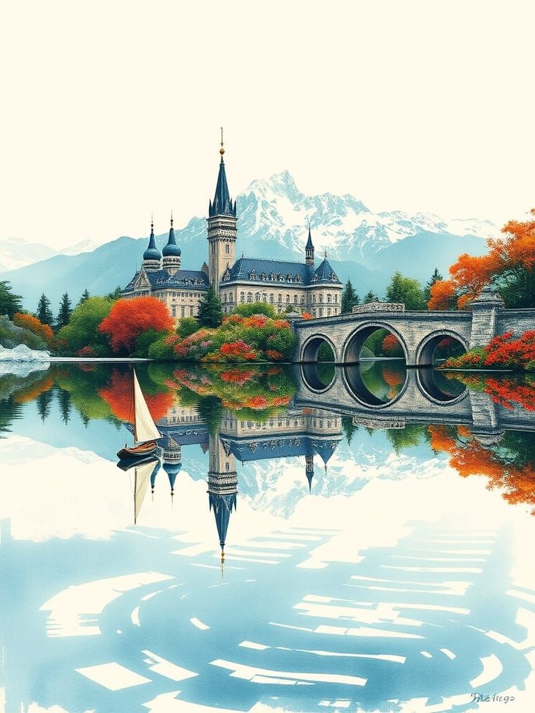 Post-Impressionist Landscape with Victorian Palace and Majes...