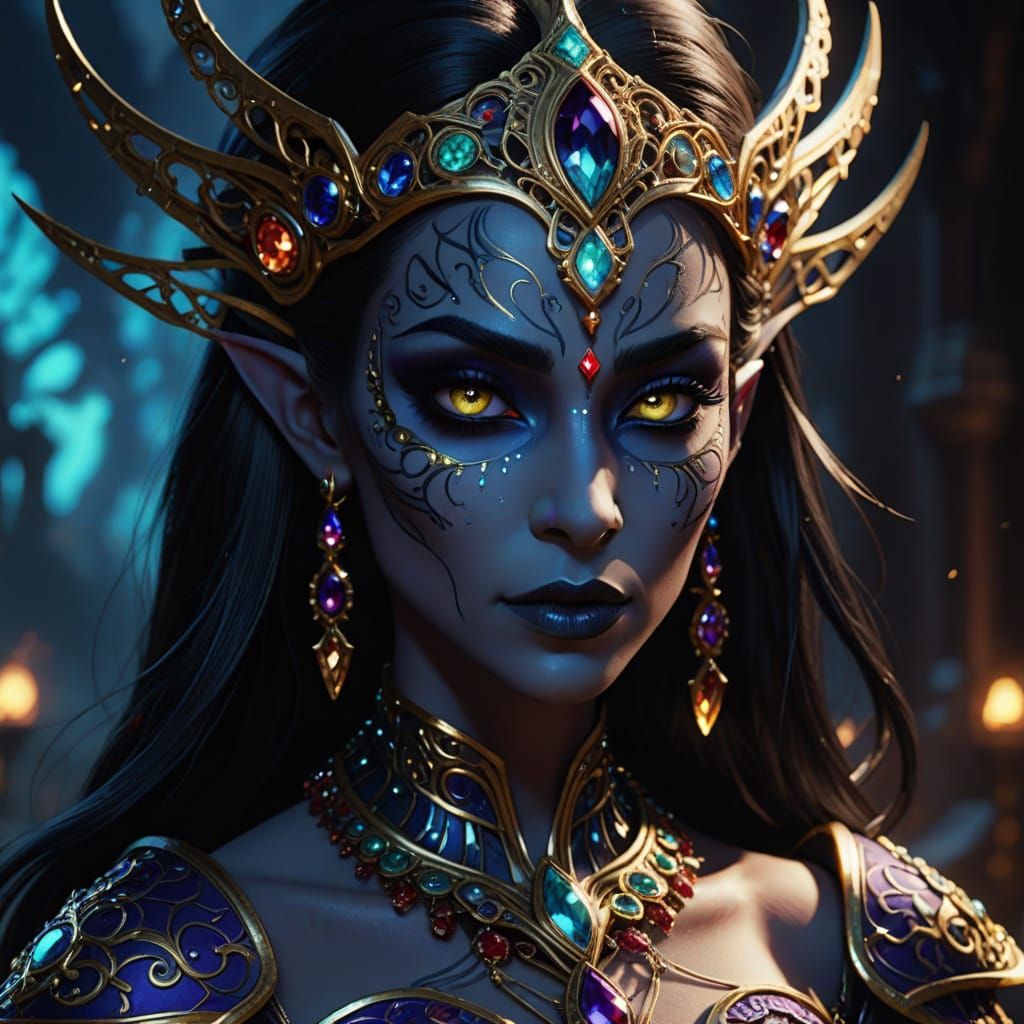 Anime-Inspired Dark Elf Queen with Jeweled Facial Art