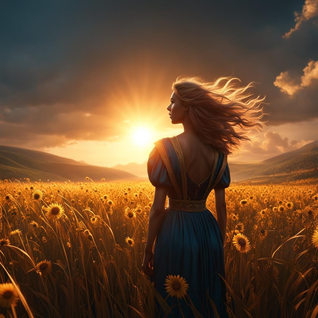 Girl in Field with Sunlit Breeze