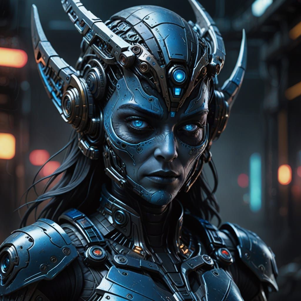 Cyberpunk Goddess in Majestic Metal Armor