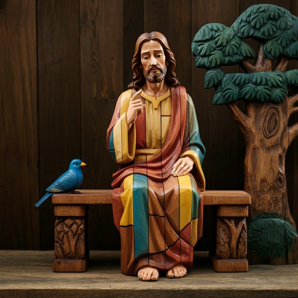 Colourful Wood Carving of Jesus with Bird