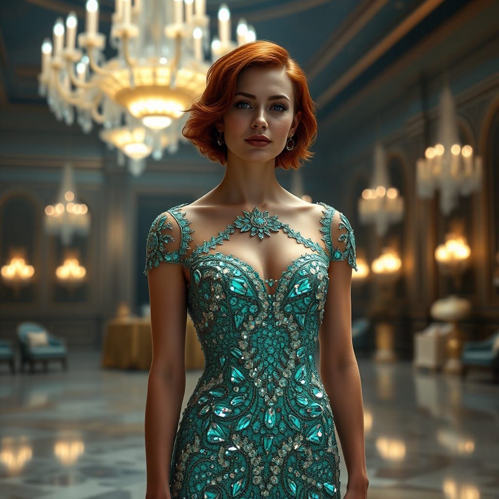 Woman in Crystal Dress in Grand Ballroom