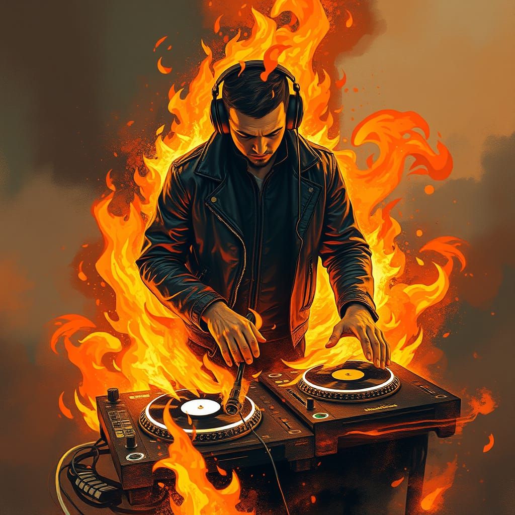 Flaming DJ Turntable Art in Digital Painting Style