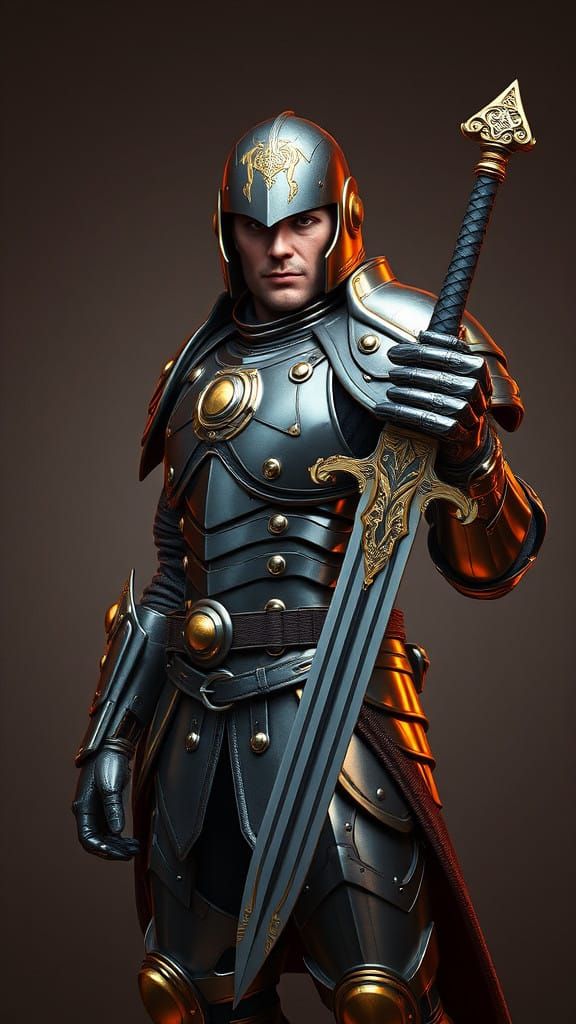 Heroic Diesel-Punk Soldier in WW1 Armor, Sword in Hand