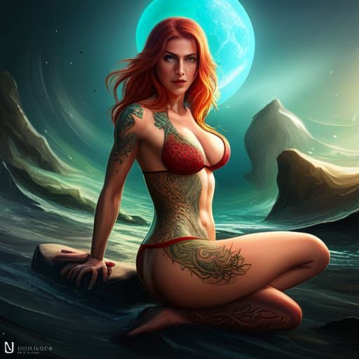 Tattooed Bikini Girl: Detailed Matte Painting
