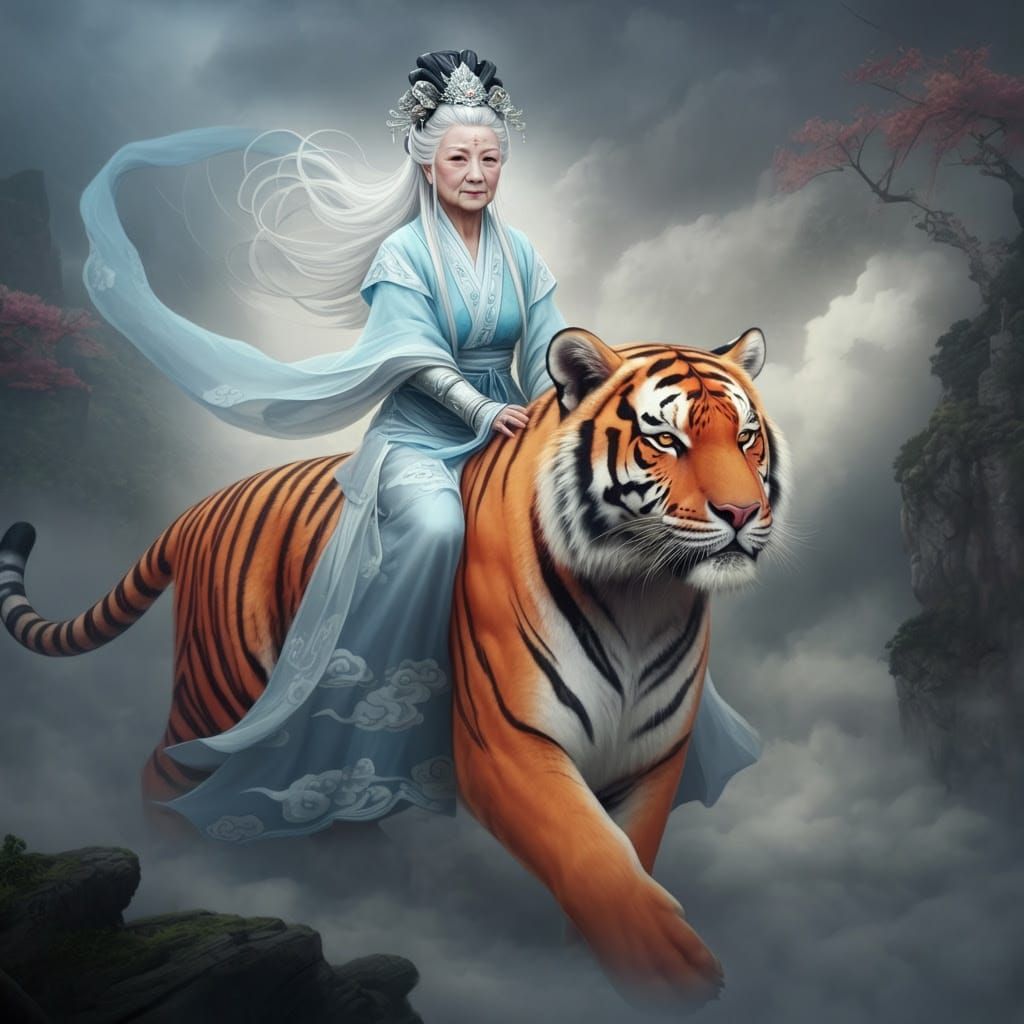 Ethereal Wind Goddess Rides Majestic Tiger Through Clouds in...