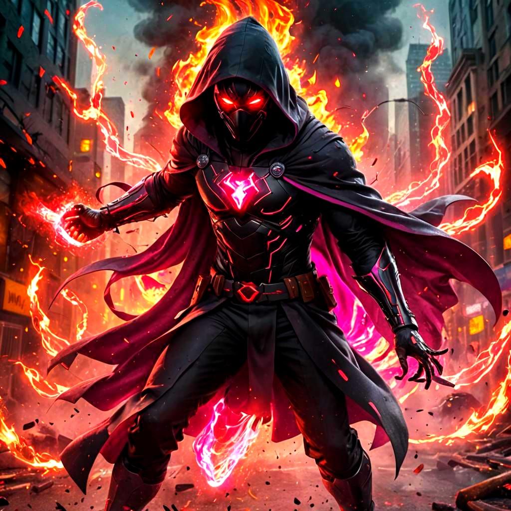 Hooded Superhero Commands Fiery Energy in Matte Painting