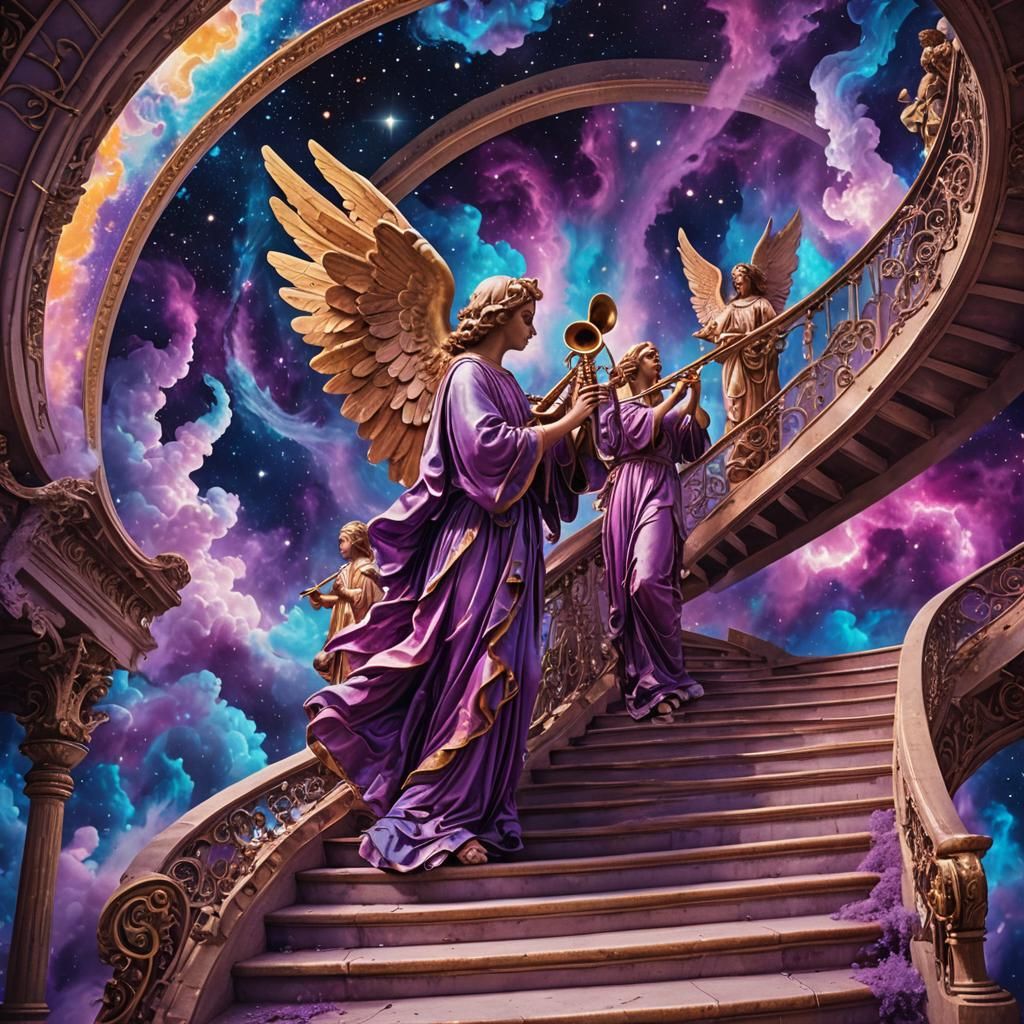 Angelic Trumpets on Cosmic Stairway in Astral Dreamscape