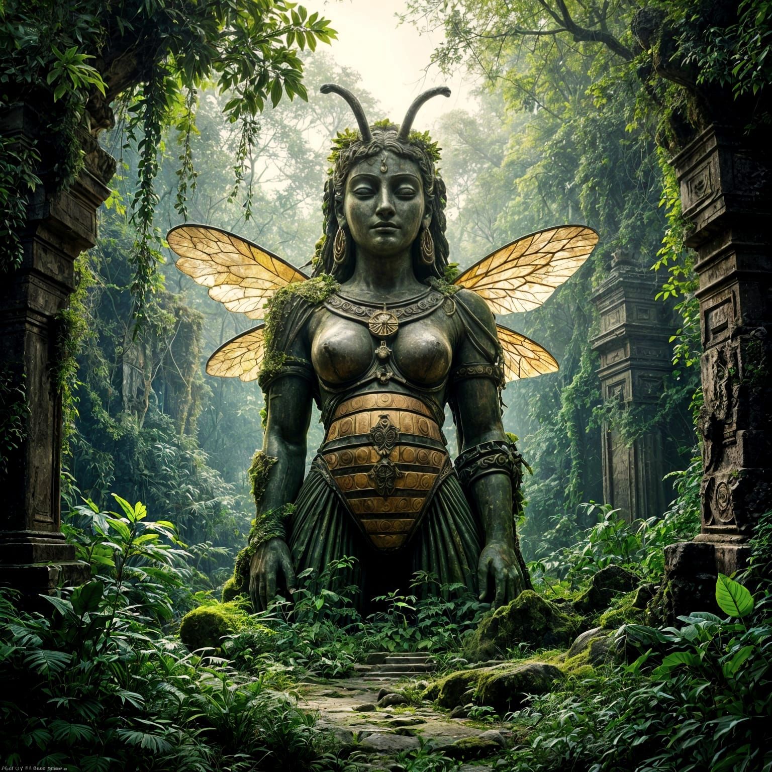 Ancient Stone Bee Statue in Mystical Jungle