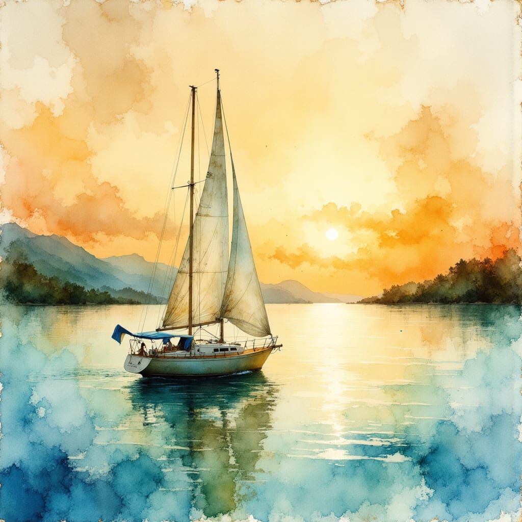 Sailboat on Bay at Golden Hour in Watercolor Splash Art