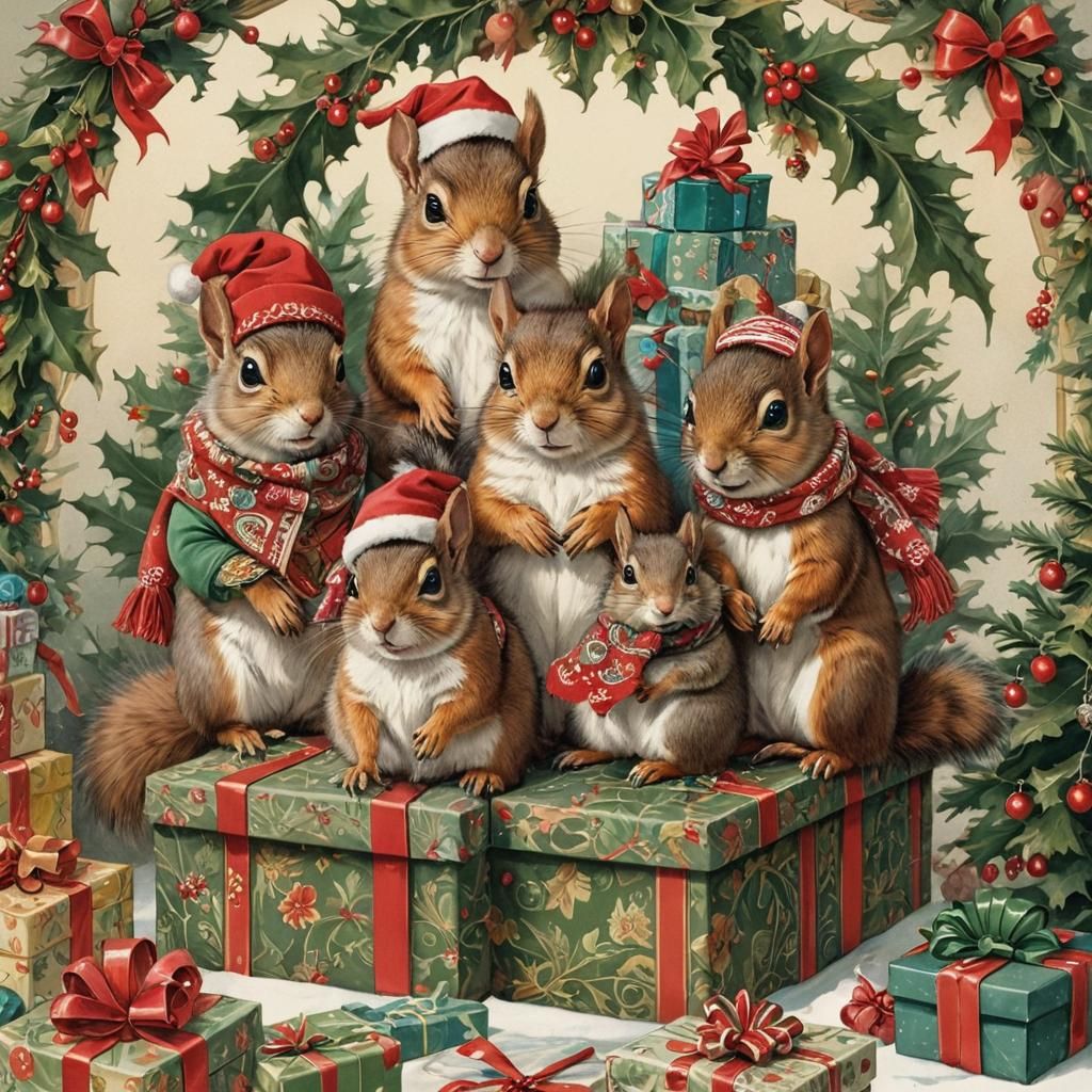 Cute Squirrels in Christmas Sweaters, Art Nouveau