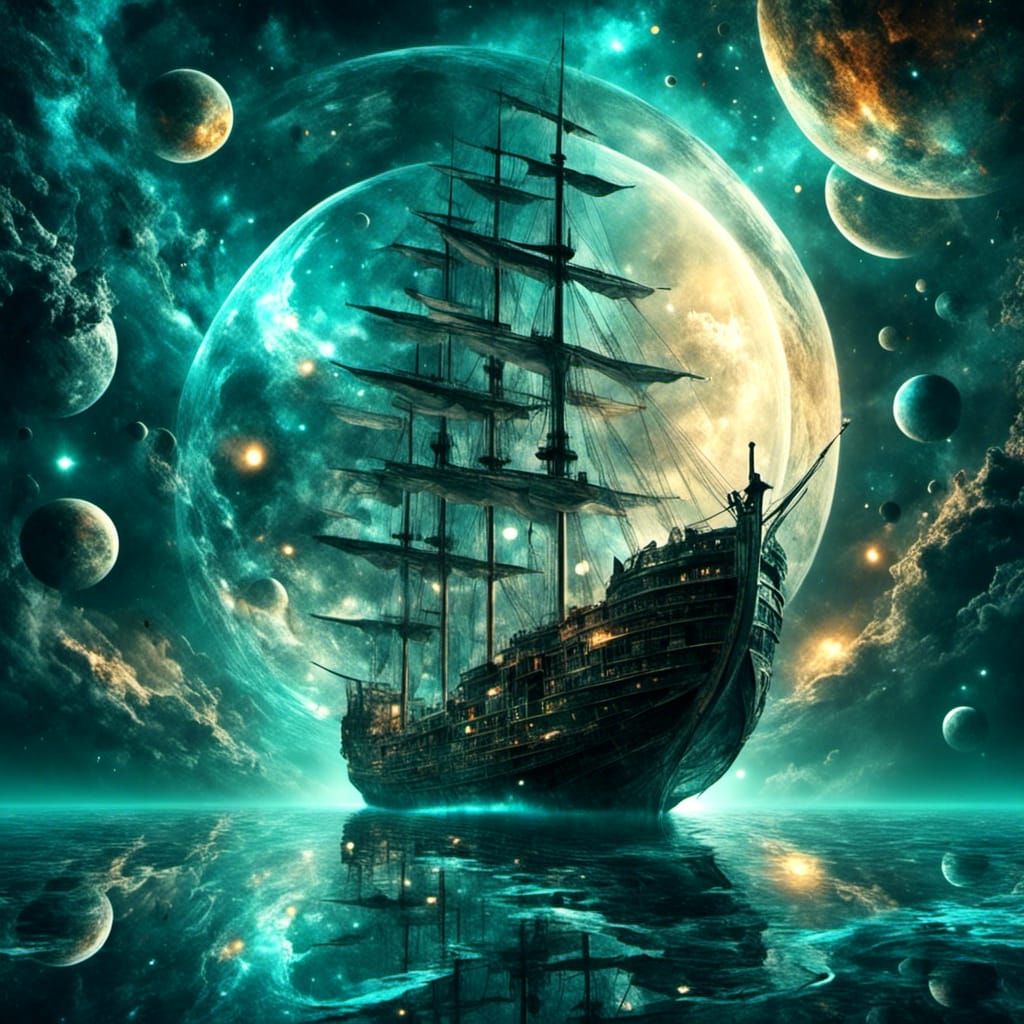Sailboat Navigating Cyberspace: Surreal Digital Art