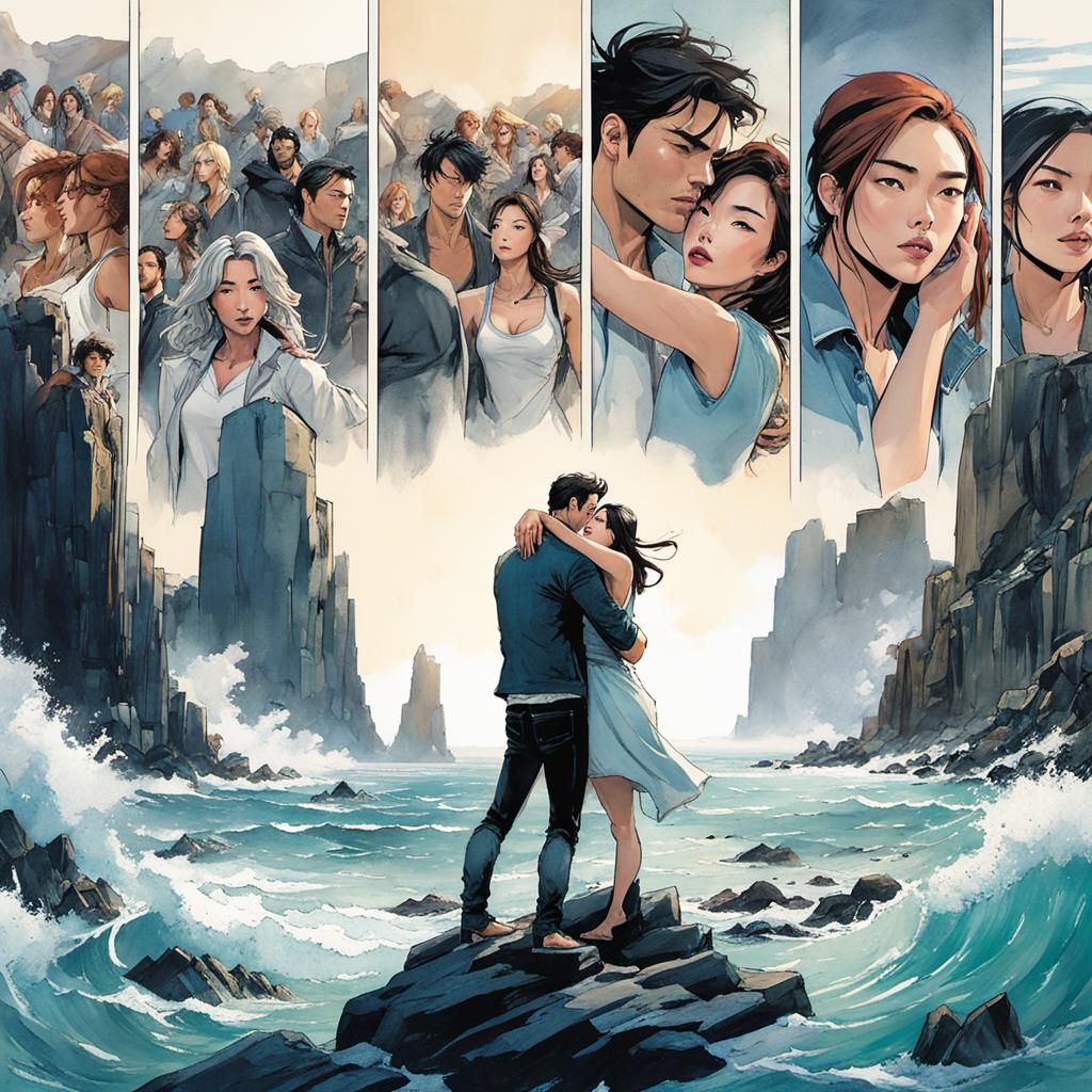 Comic Book Scene of Embrace and Beach