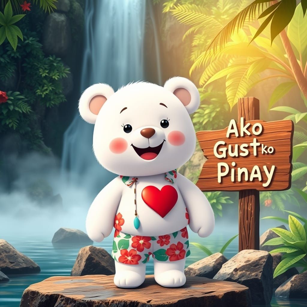 Charming White Teddy Bear in Vibrant Tropical Oasis