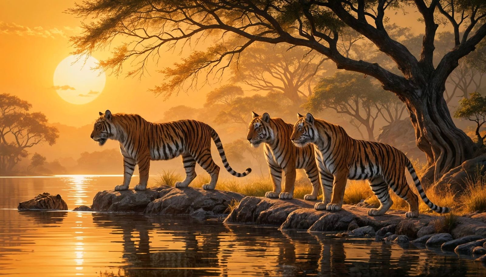 Majestic Tigers in Golden African Sunset