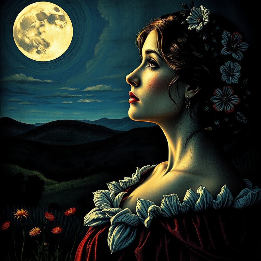 Ethereal Goddess Illuminated by Moonlight in a Vibrant Lands...