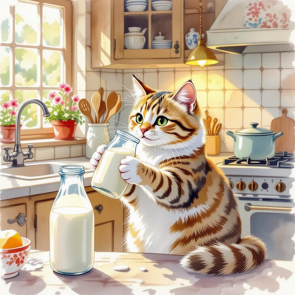 Whimsical Cat Reaching for Milk, Watercolor Illustration